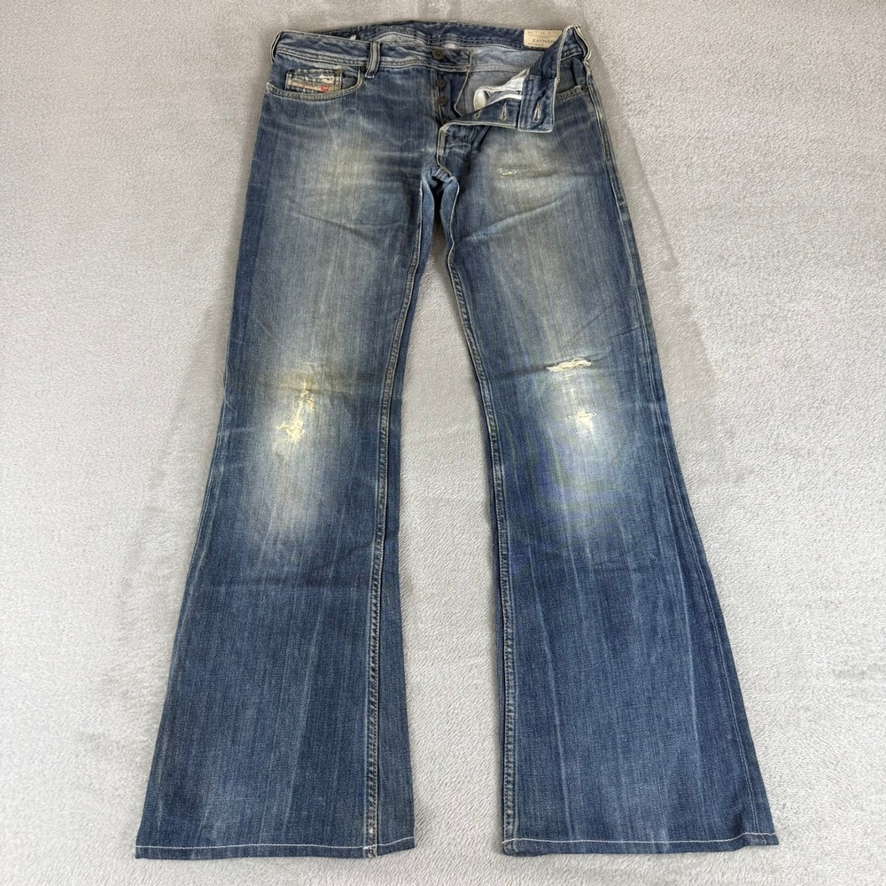 Diesel Zathan Bootcut Jeans Mens 31x32 Blue Denim Button Fly Distressed 008TA